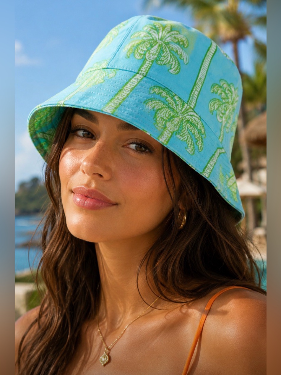 Nwt Graham Kandiah New York Blue Toile Tropical Palm Tree Bucket Hat Size S $45